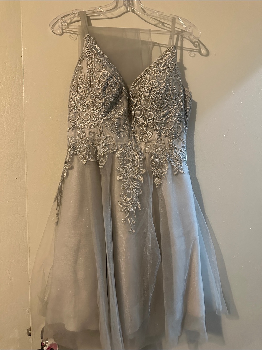 Embellished Silver Spaghetti-Strap Party Dress